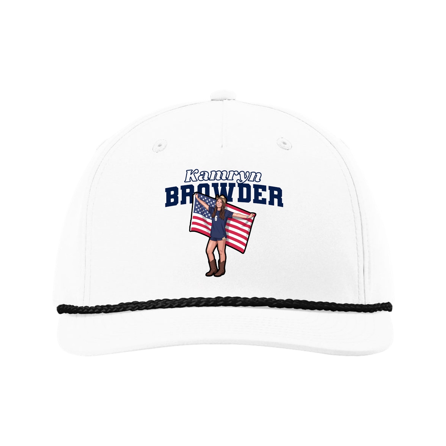 Five-Panel Classic Rope Cap — Name Arch in White
