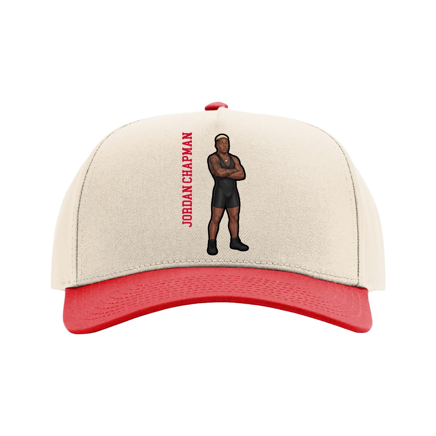 Full Fabric Five-Panel Champ Cap — Name Vertical in Cream/Red