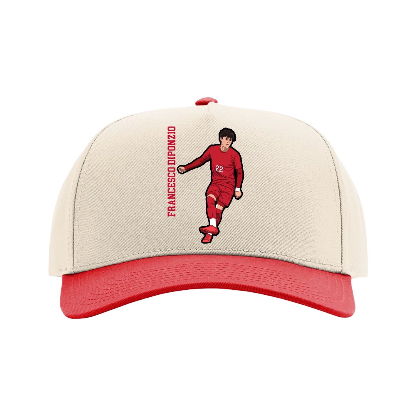 Full Fabric Five-Panel Champ Cap — Name Vertical in Cream/Red