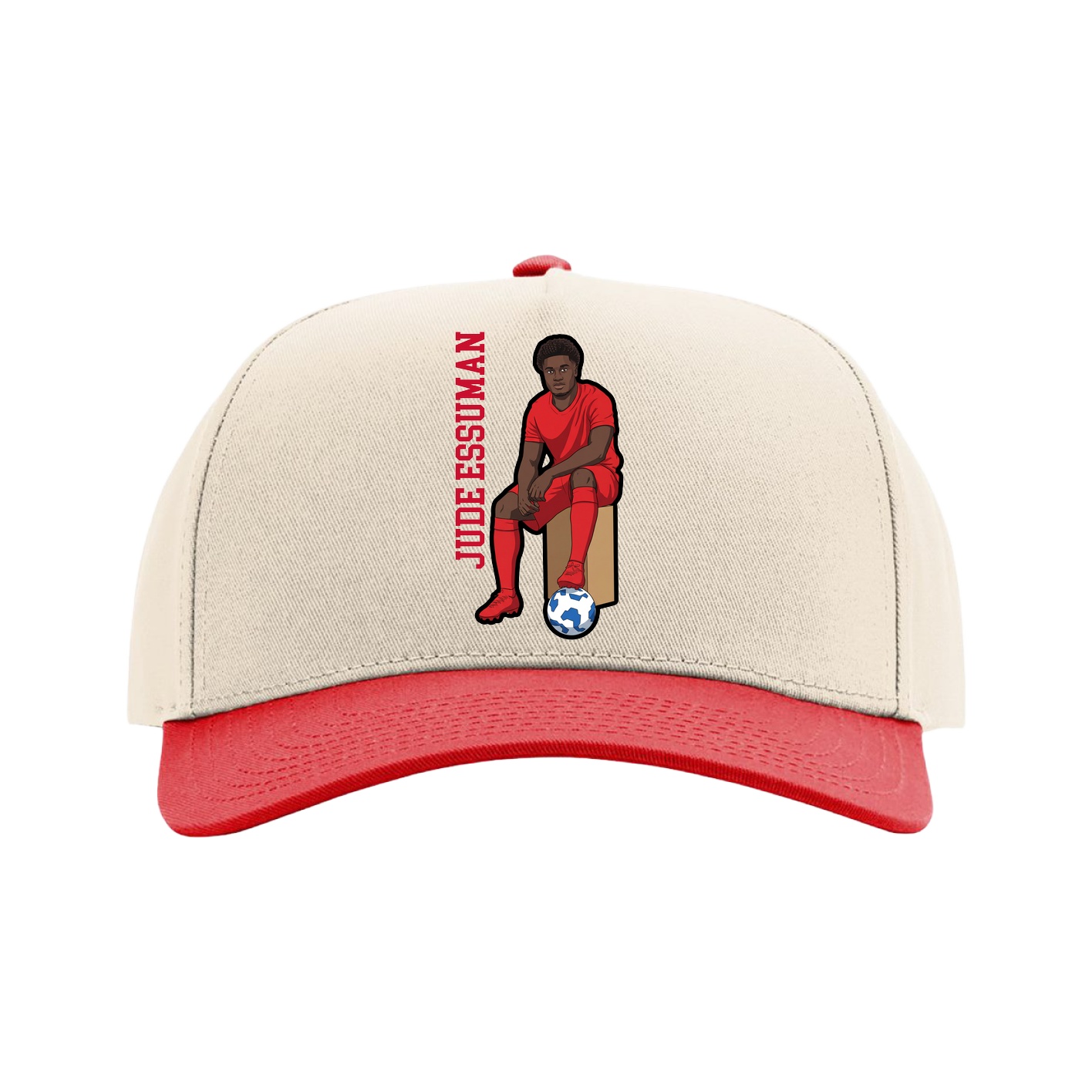 Full Fabric Five-Panel Champ Cap — Name Vertical in Cream/Red