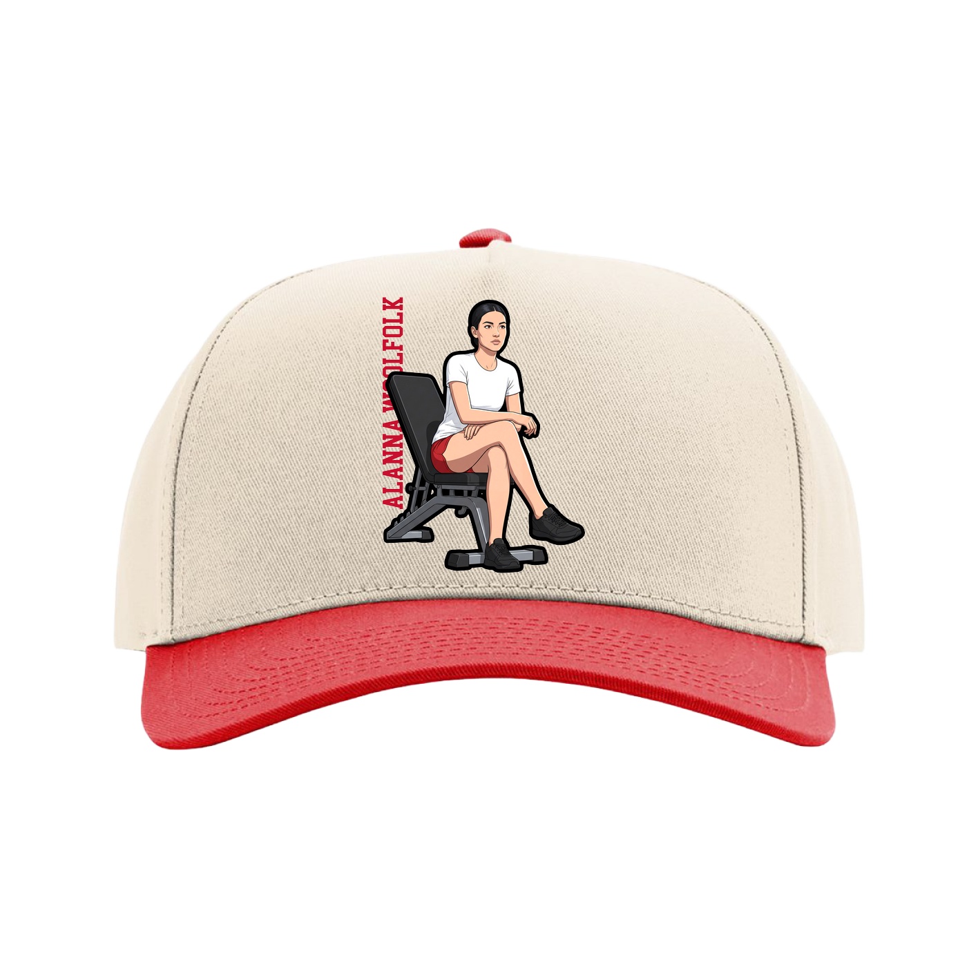 Full Fabric Five-Panel Champ Cap — Name Vertical in Cream/Red