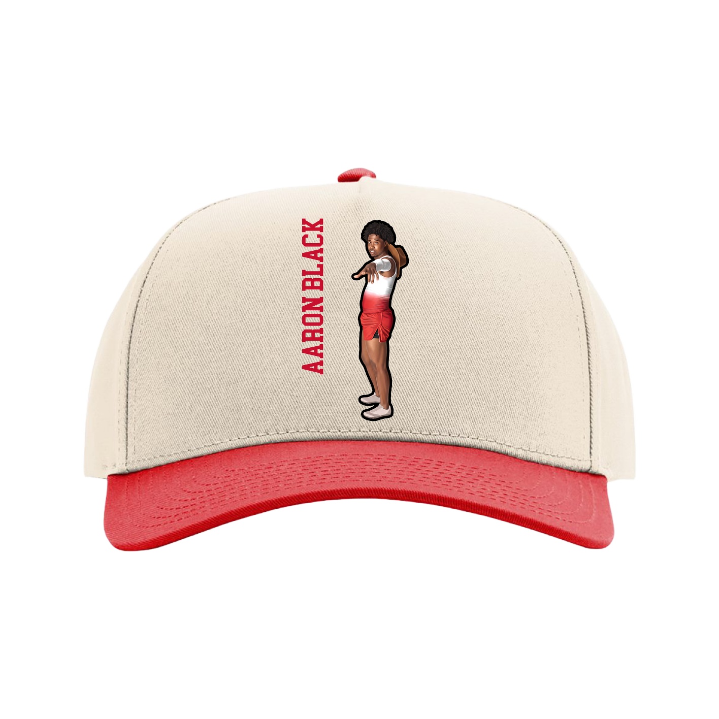 Full Fabric Five-Panel Champ Cap — Name Vertical in Cream/Red