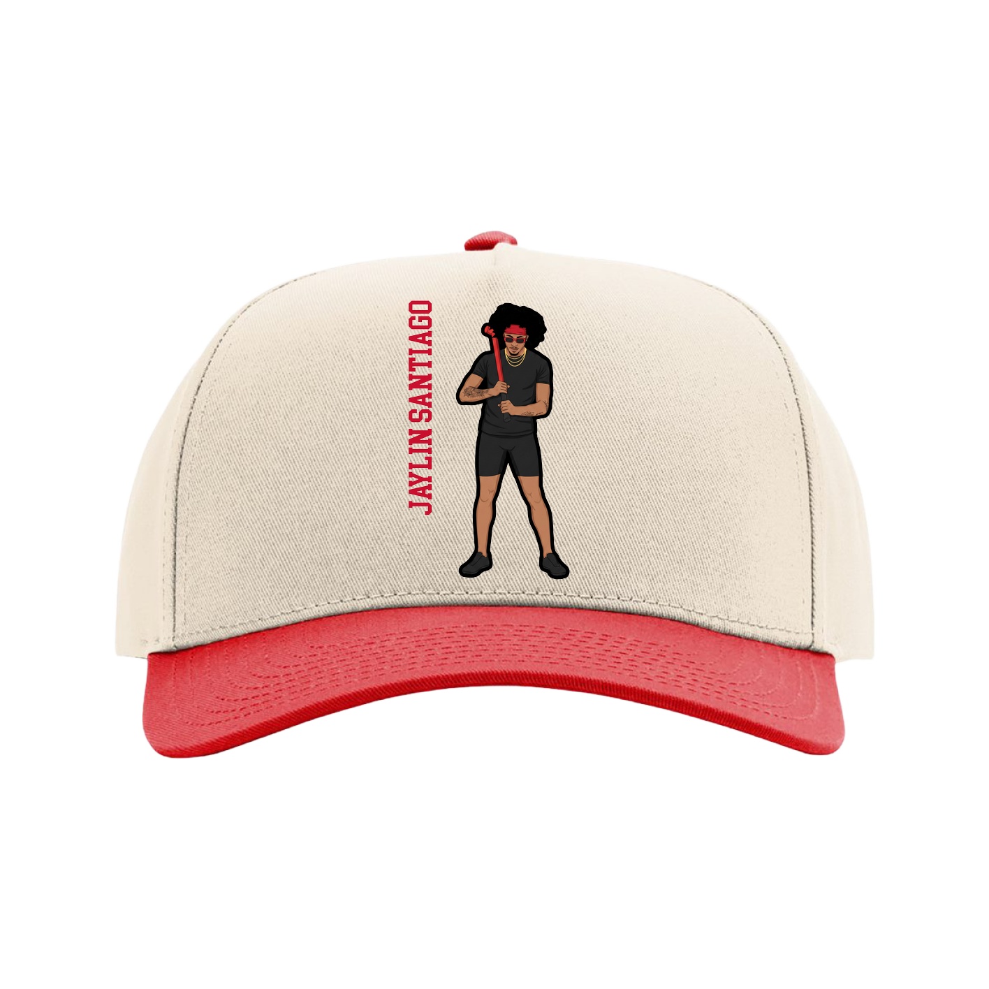 Full Fabric Five-Panel Champ Cap — Name Vertical in Cream/Red