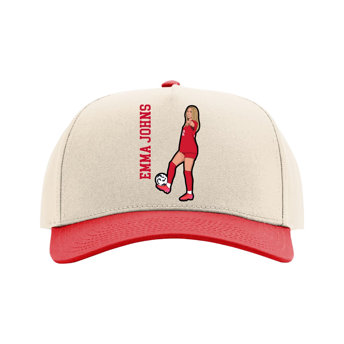 Full Fabric Five-Panel Champ Cap — Name Vertical in Cream/Red