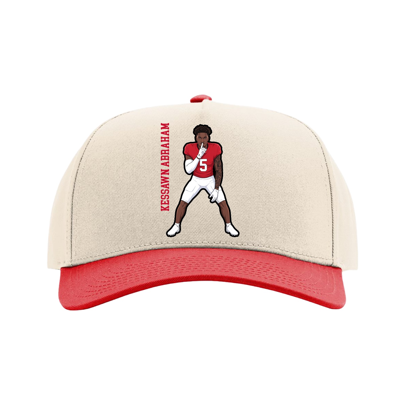 Full Fabric Five-Panel Champ Cap — Name Vertical in Cream/Red