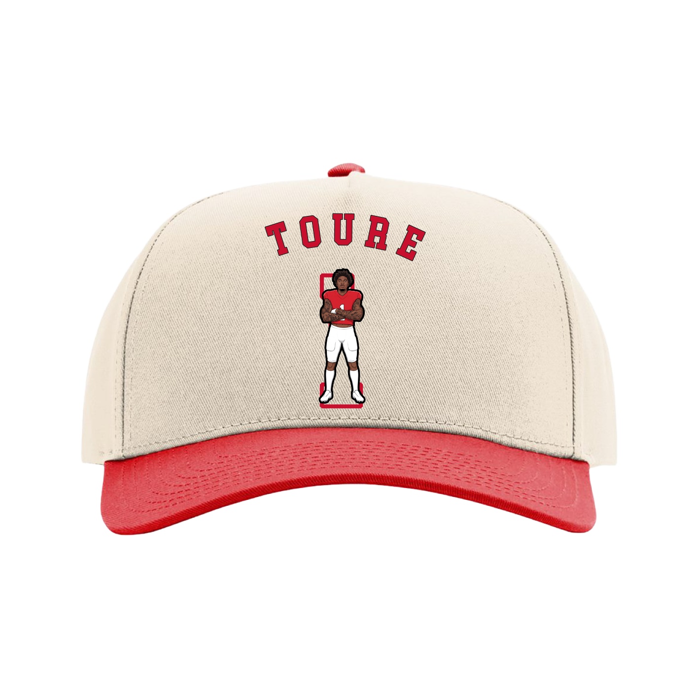 Full Fabric Five-Panel Champ Cap — Shirsey Arch in Cream/Red