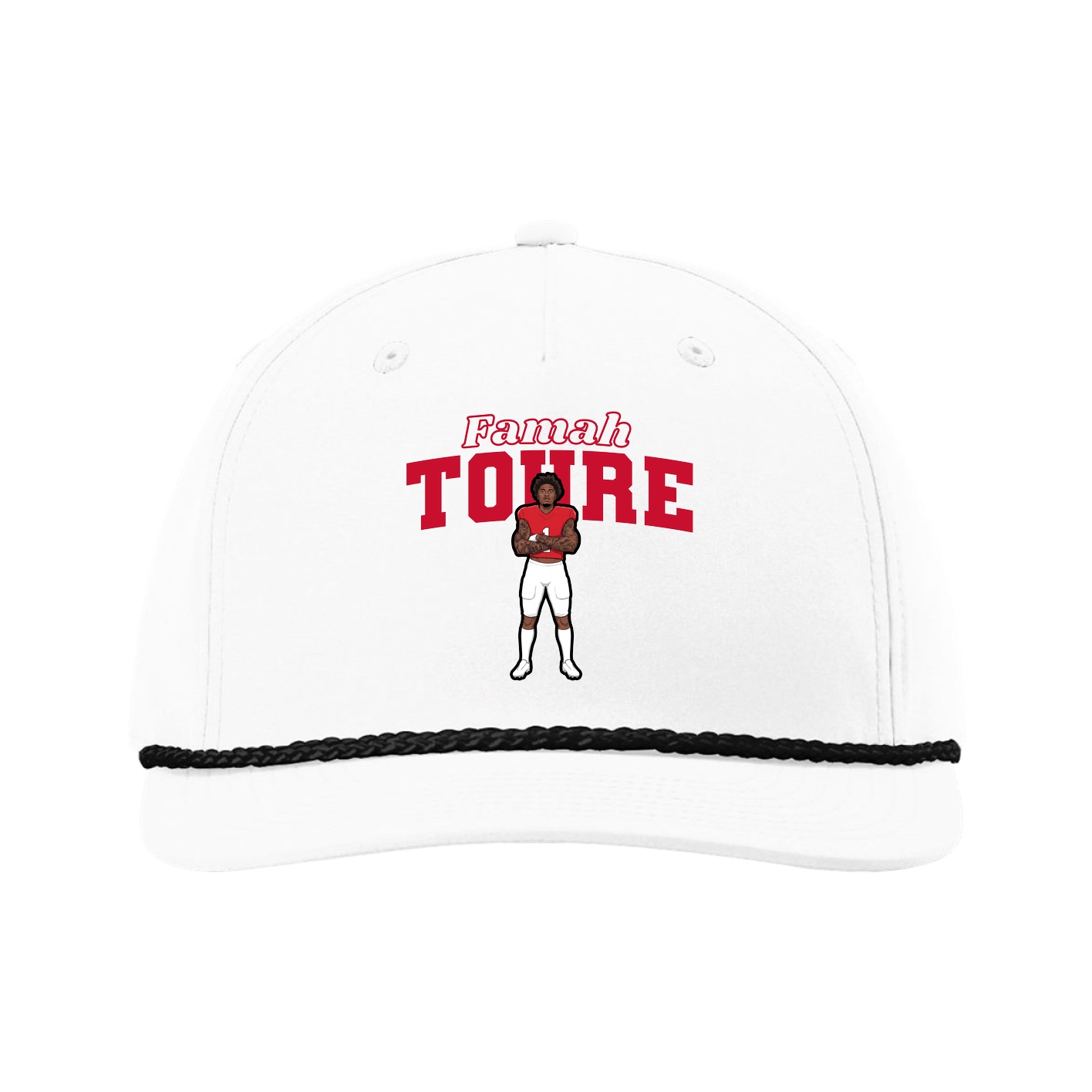 Five-Panel Classic Rope Cap — Name Arch in White