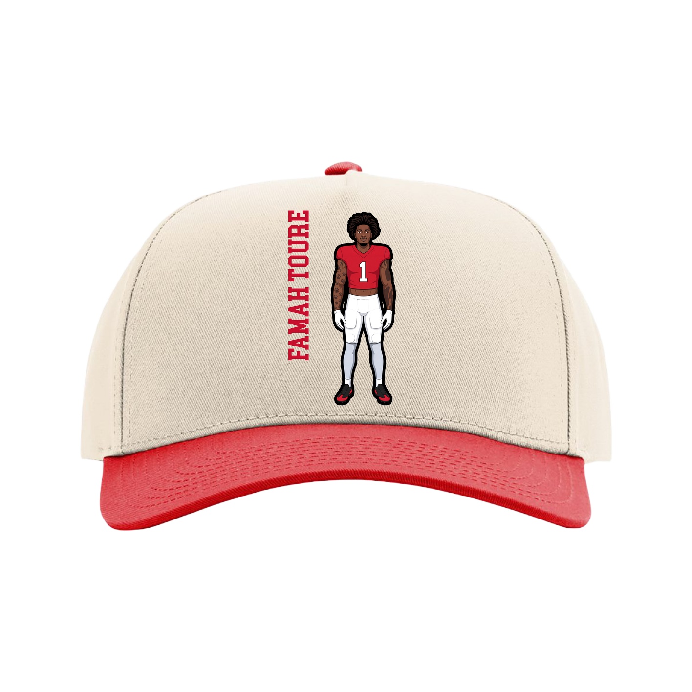 Full Fabric Five-Panel Champ Cap — Name Vertical in Cream/Red