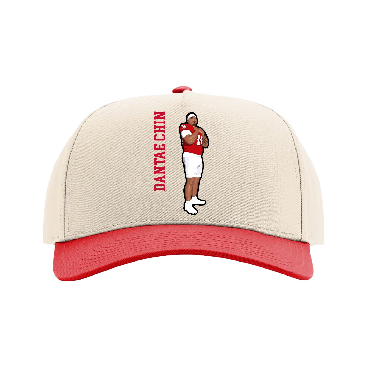 Full Fabric Five-Panel Champ Cap — Name Vertical in Cream/Red