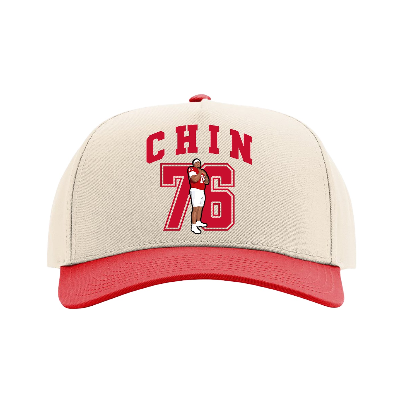 Full Fabric Five-Panel Champ Cap — Number in Cream/Red