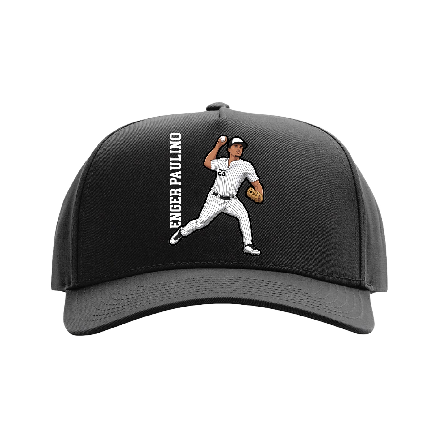 Full Fabric Five-Panel Champ Cap — Name Vertical in Black