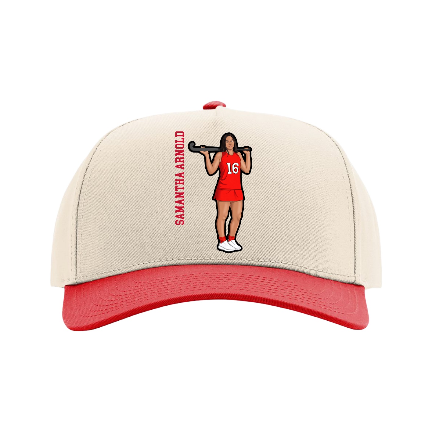 Full Fabric Five-Panel Champ Cap — Name Vertical in Cream/Red
