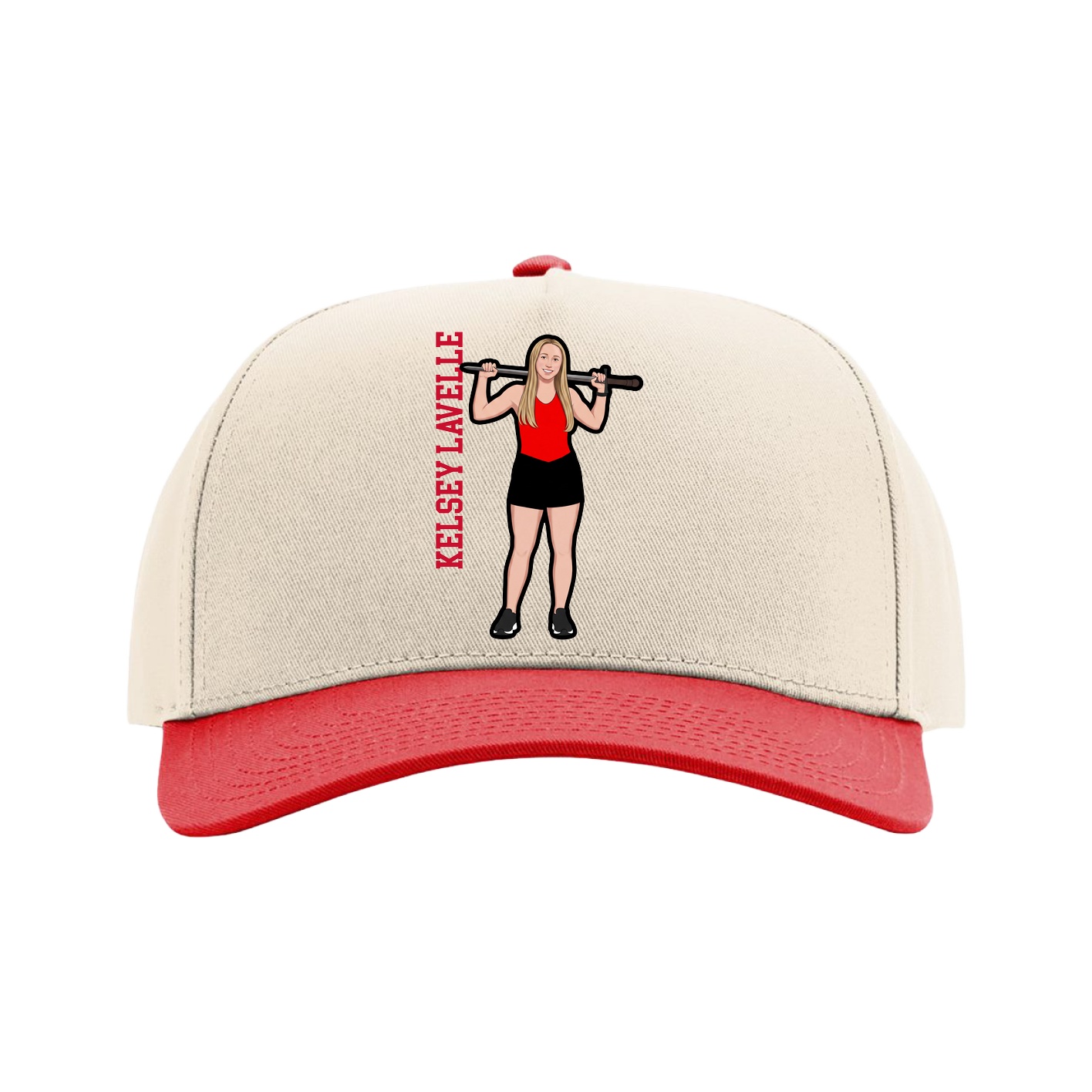 Full Fabric Five-Panel Champ Cap — Name Vertical in Cream/Red