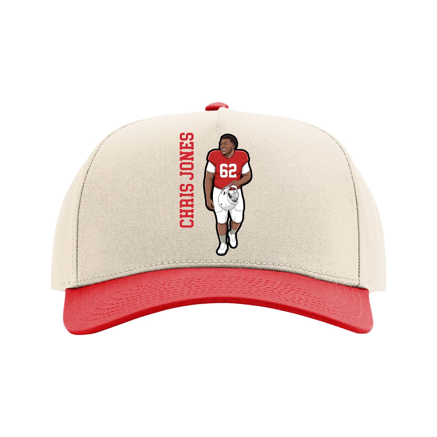 Full Fabric Five-Panel Champ Cap — Name Vertical in Cream/Red