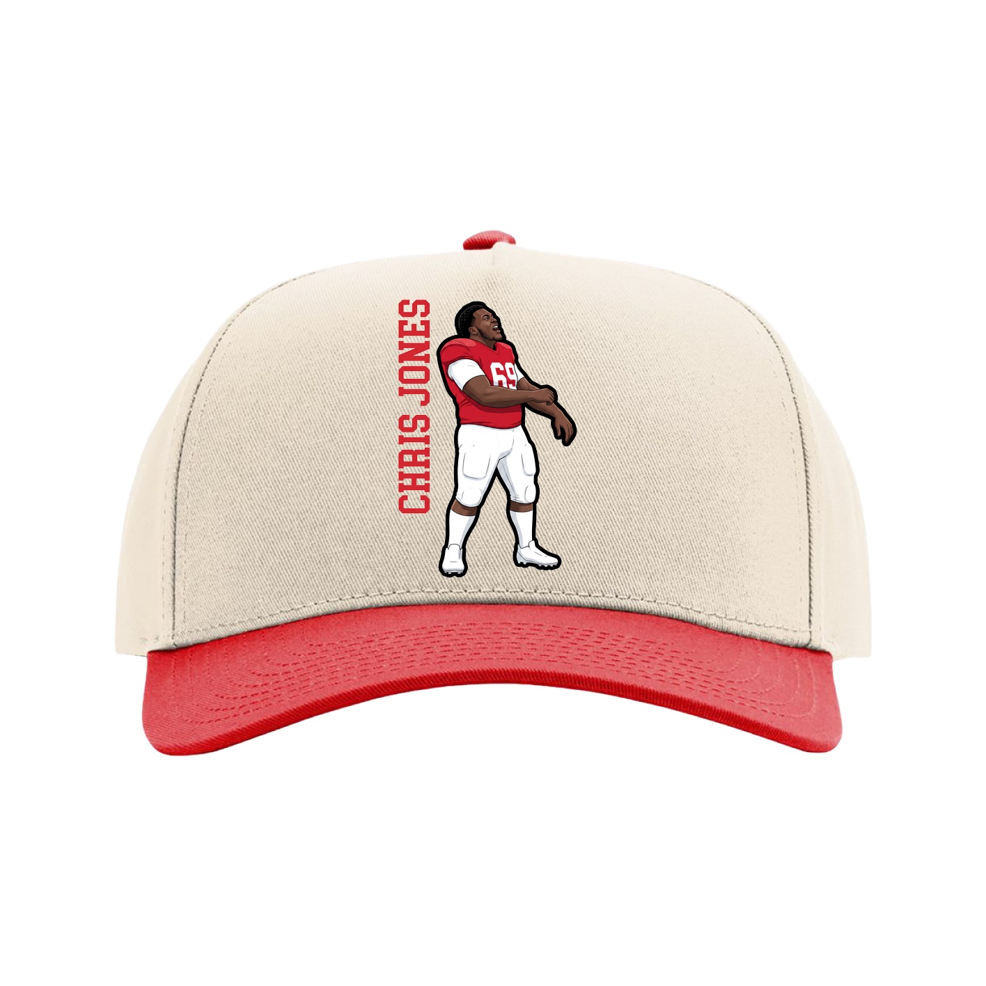 Full Fabric Five-Panel Champ Cap — Name Vertical in Cream/Red