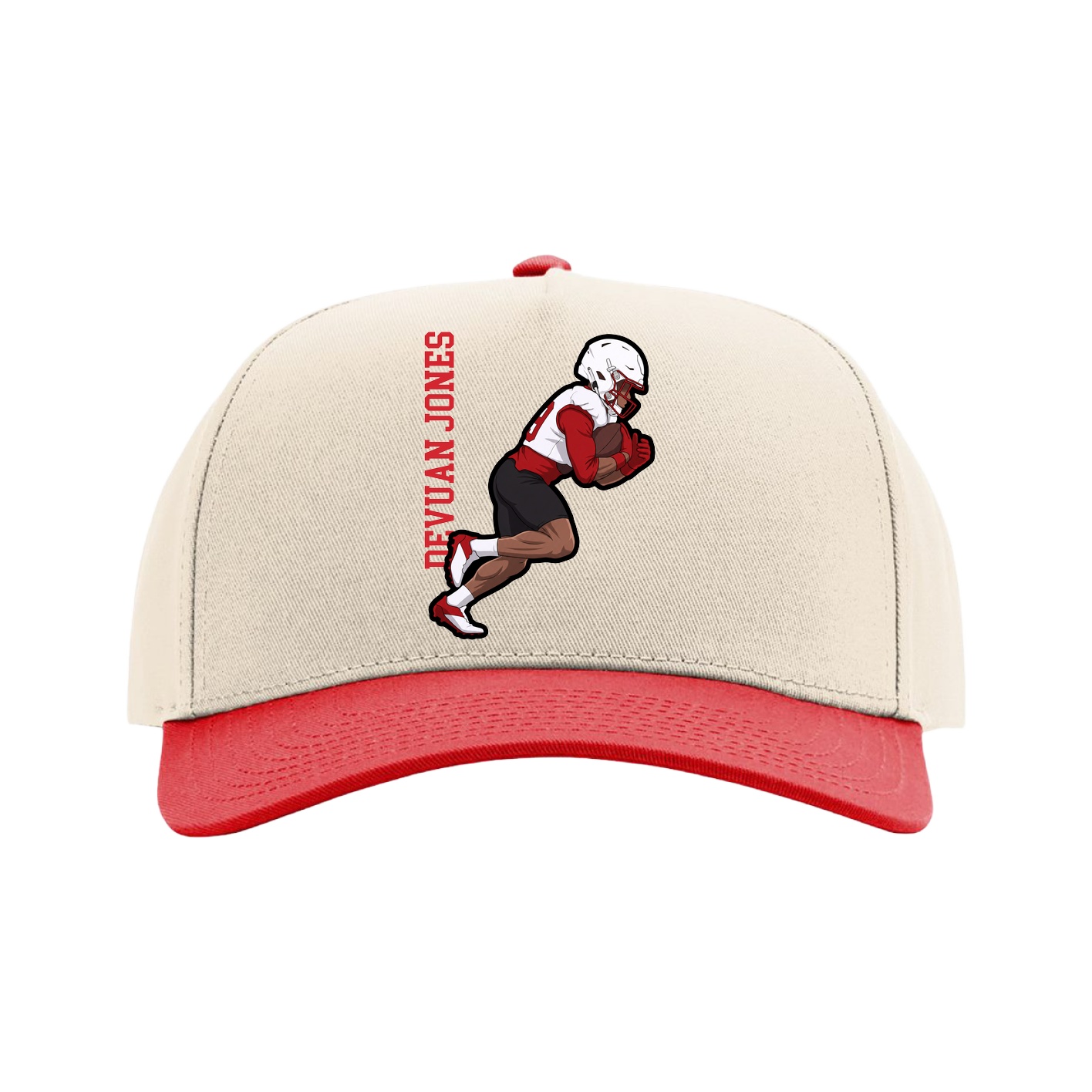 Full Fabric Five-Panel Champ Cap — Name Vertical in Cream/Red
