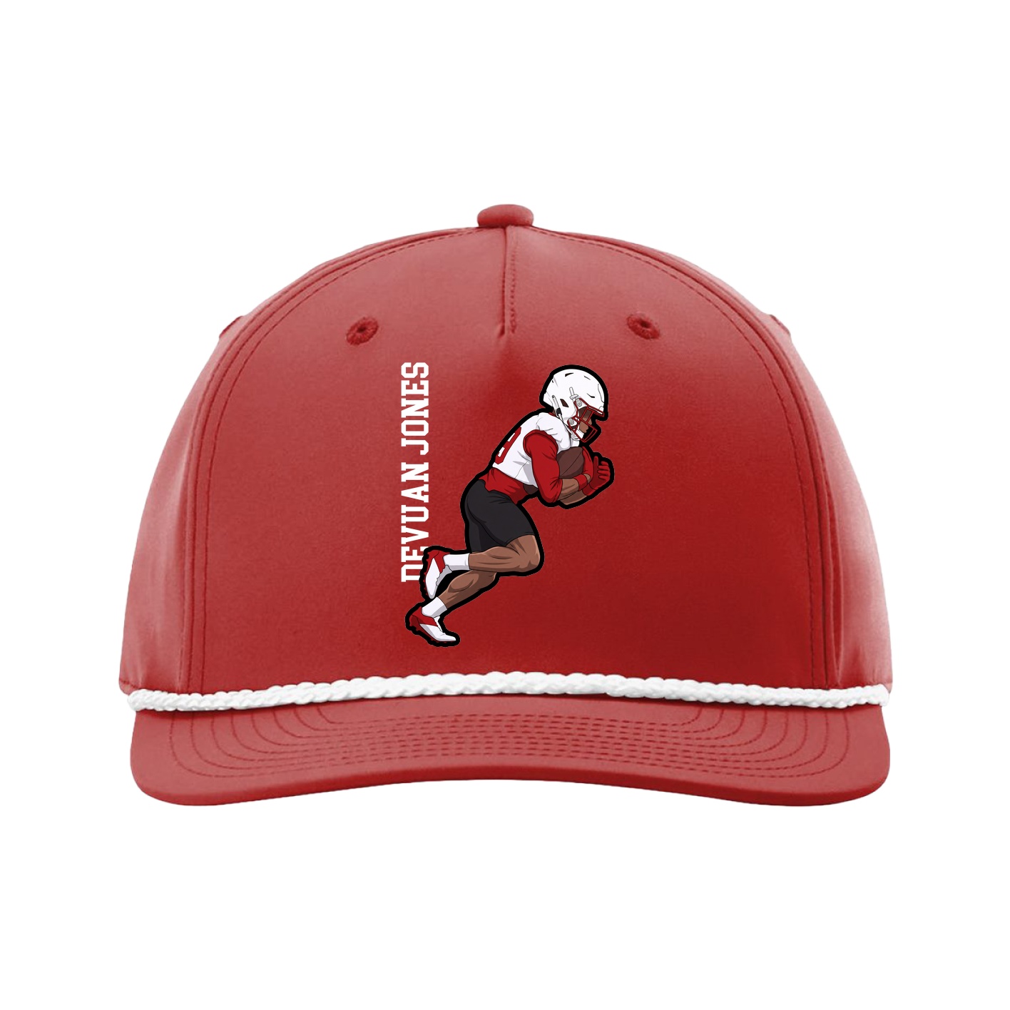 Five-Panel Classic Rope Cap — Name Vertical in Red