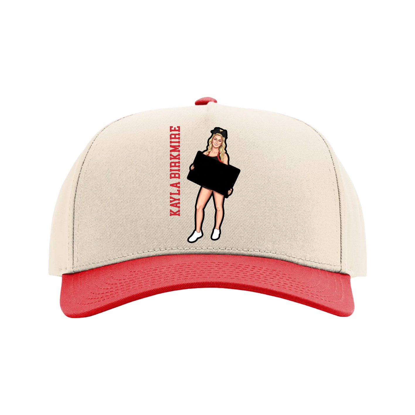 Full Fabric Five-Panel Champ Cap — Name Vertical in Cream/Red
