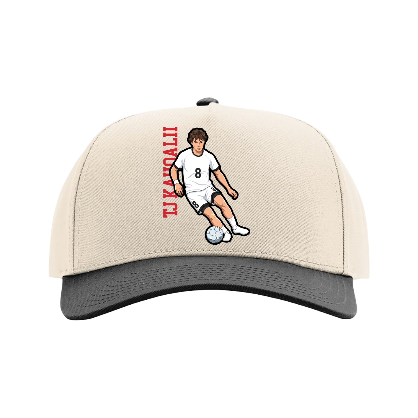 Full Fabric Five-Panel Champ Cap — Name Vertical in Cream/Black