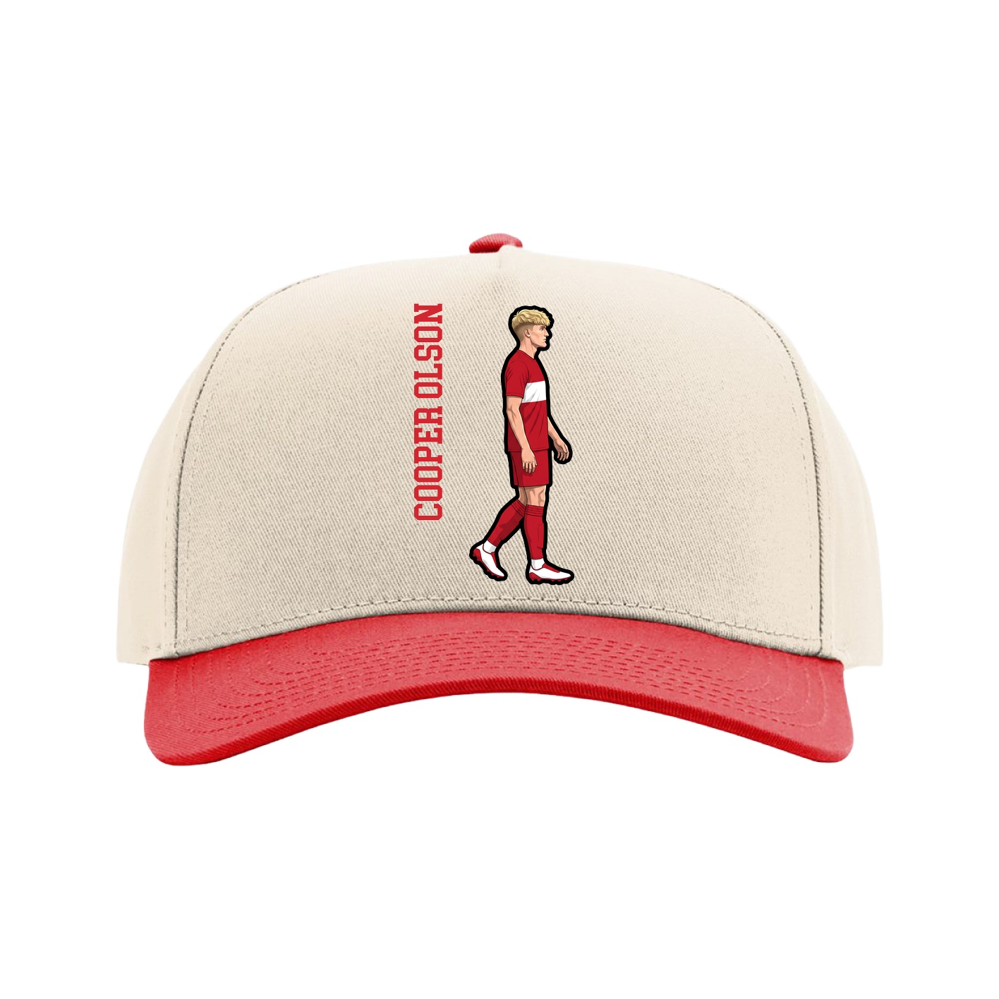 Full Fabric Five-Panel Champ Cap — Name Vertical in Cream/Red
