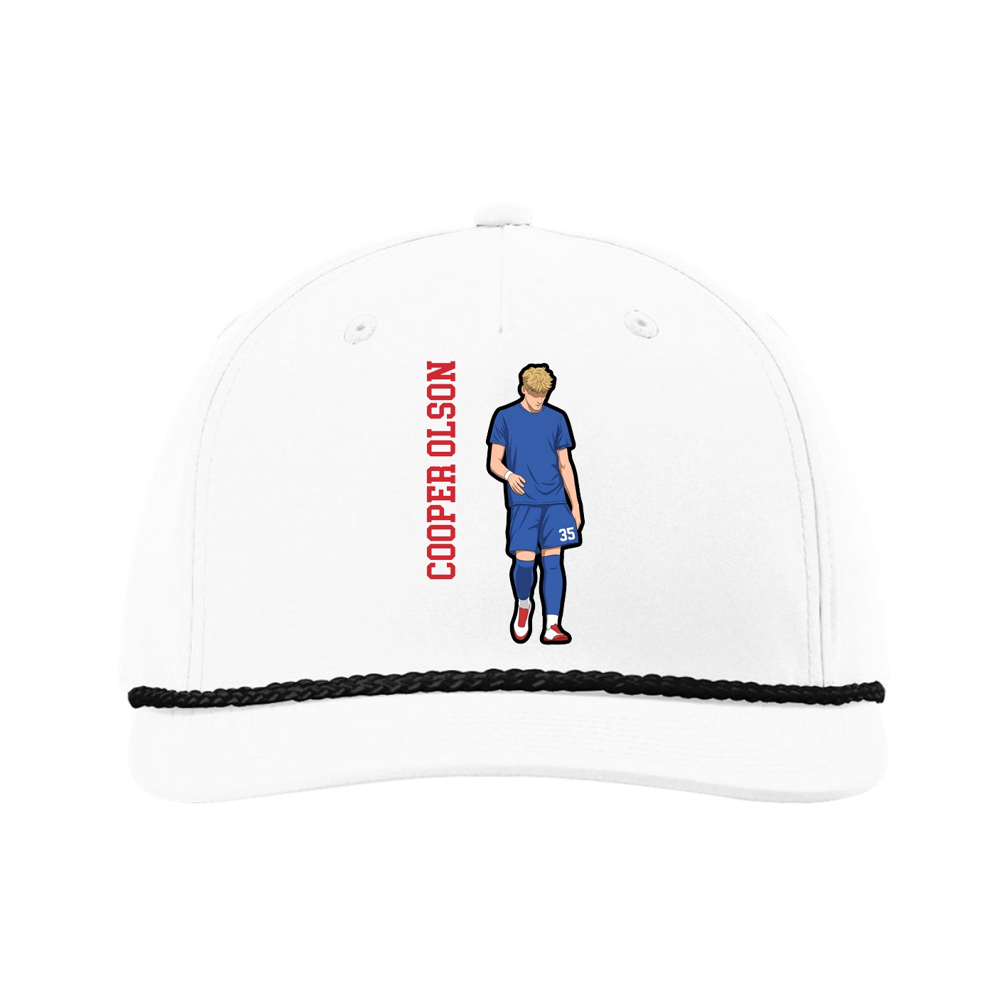 Five-Panel Classic Rope Cap — Name Vertical in White