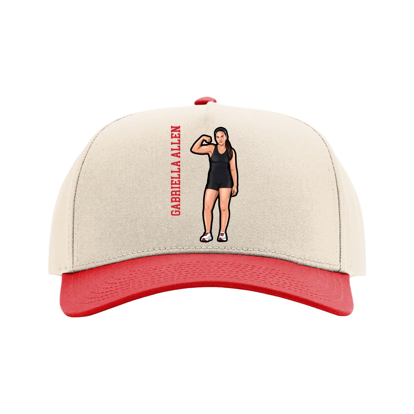 Full Fabric Five-Panel Champ Cap — Name Vertical in Cream/Red