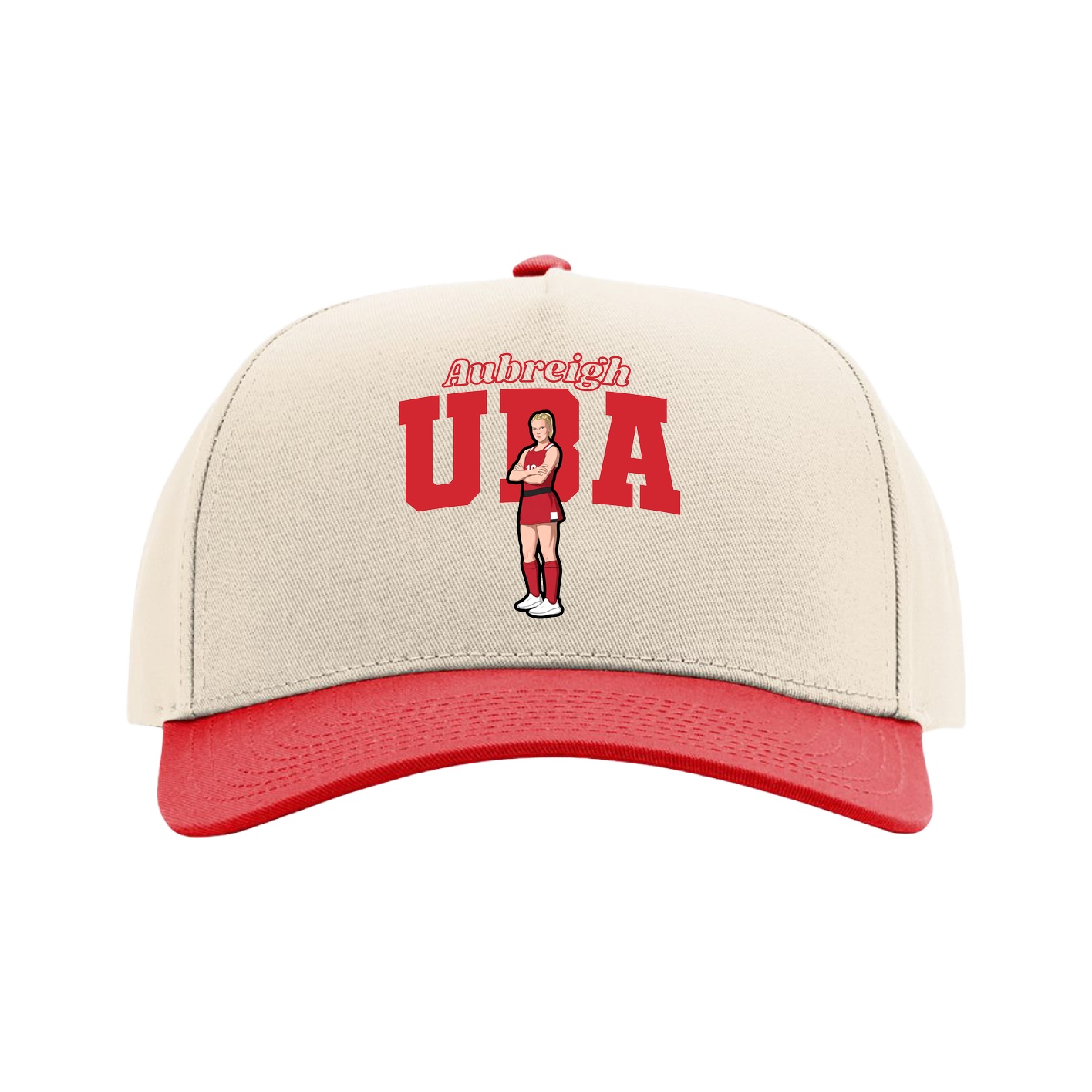 Full Fabric Five-Panel Champ Cap — Name Arch in Cream/Red