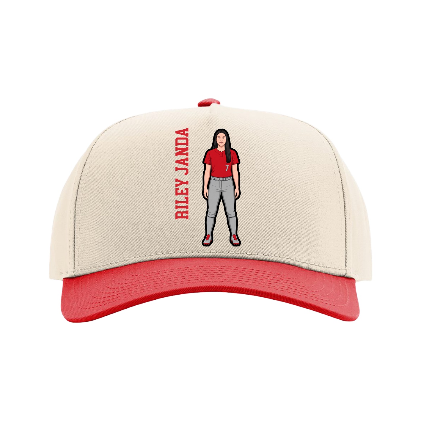 Full Fabric Five-Panel Champ Cap — Name Vertical in Cream/Red