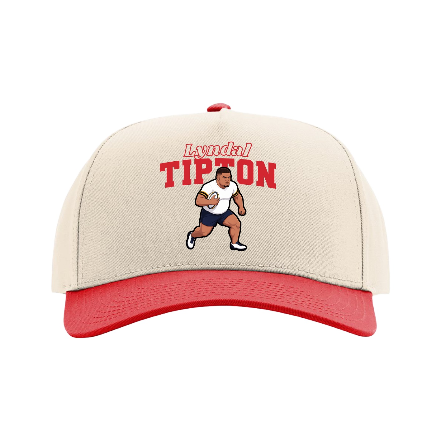 Full Fabric Five-Panel Champ Cap — Name Arch in Cream/Red