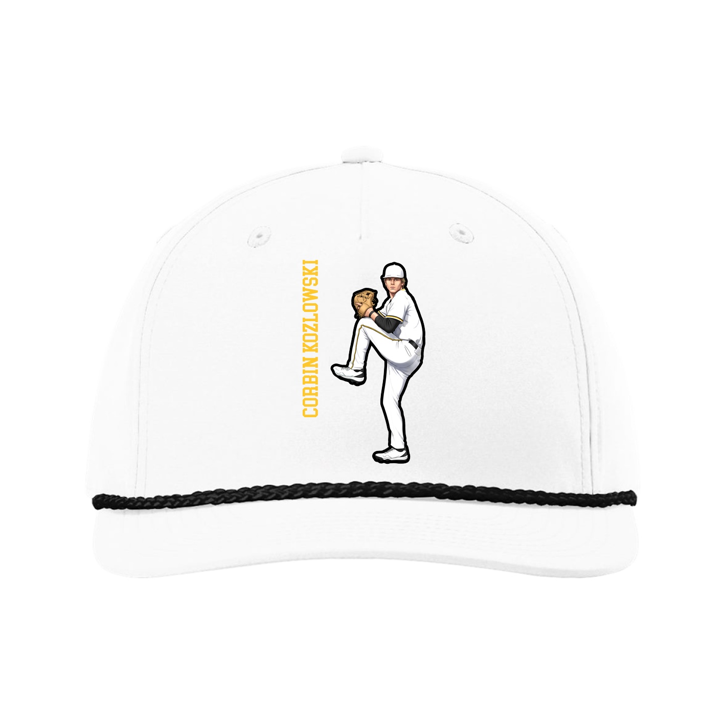 Five-Panel Classic Rope Cap — Name Vertical in White