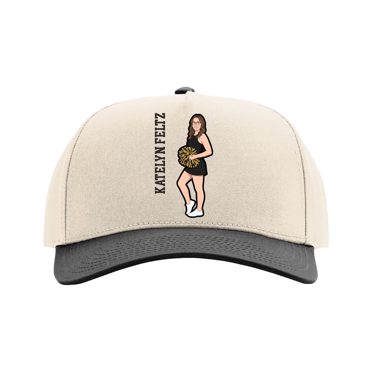 Full Fabric Five-Panel Champ Cap — Name Vertical in Cream/Black