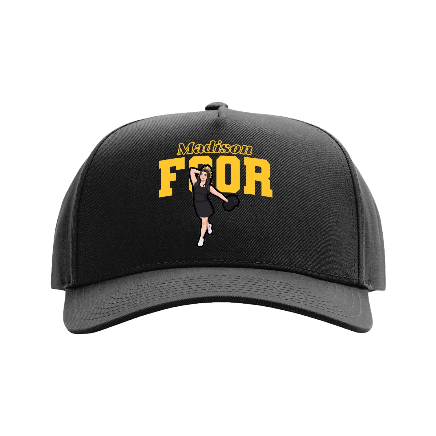 Full Fabric Five-Panel Champ Cap — Name Arch in Black