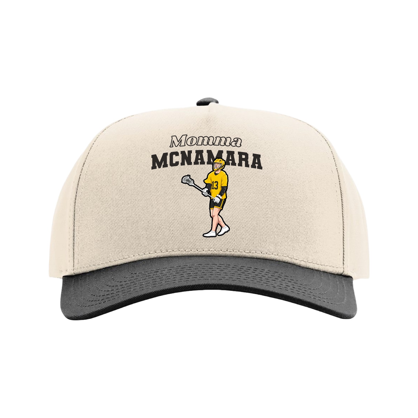 Full Fabric Five-Panel Champ Cap — Mothers Day Block in Cream/Black