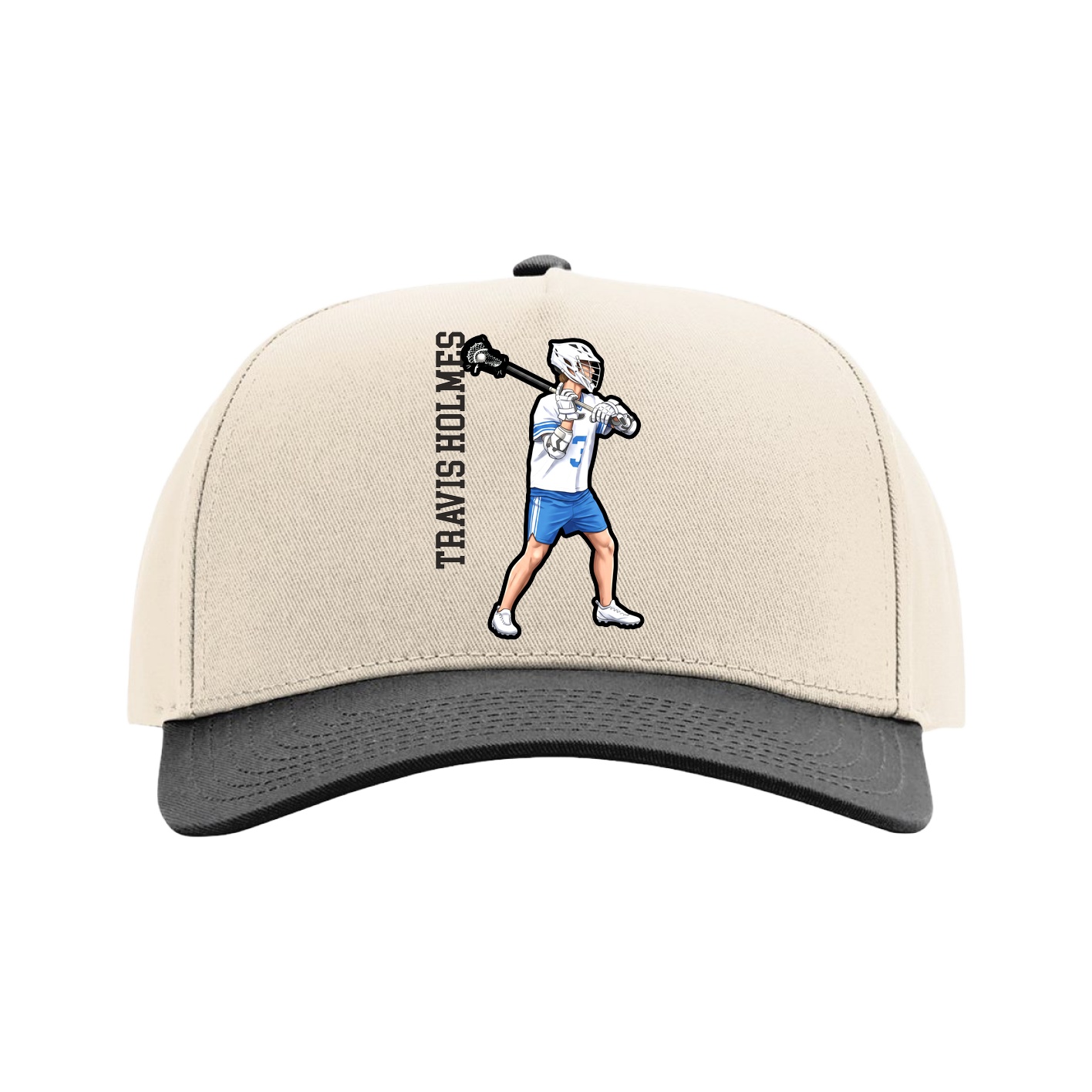 Full Fabric Five-Panel Champ Cap — Name Vertical in Cream/Black