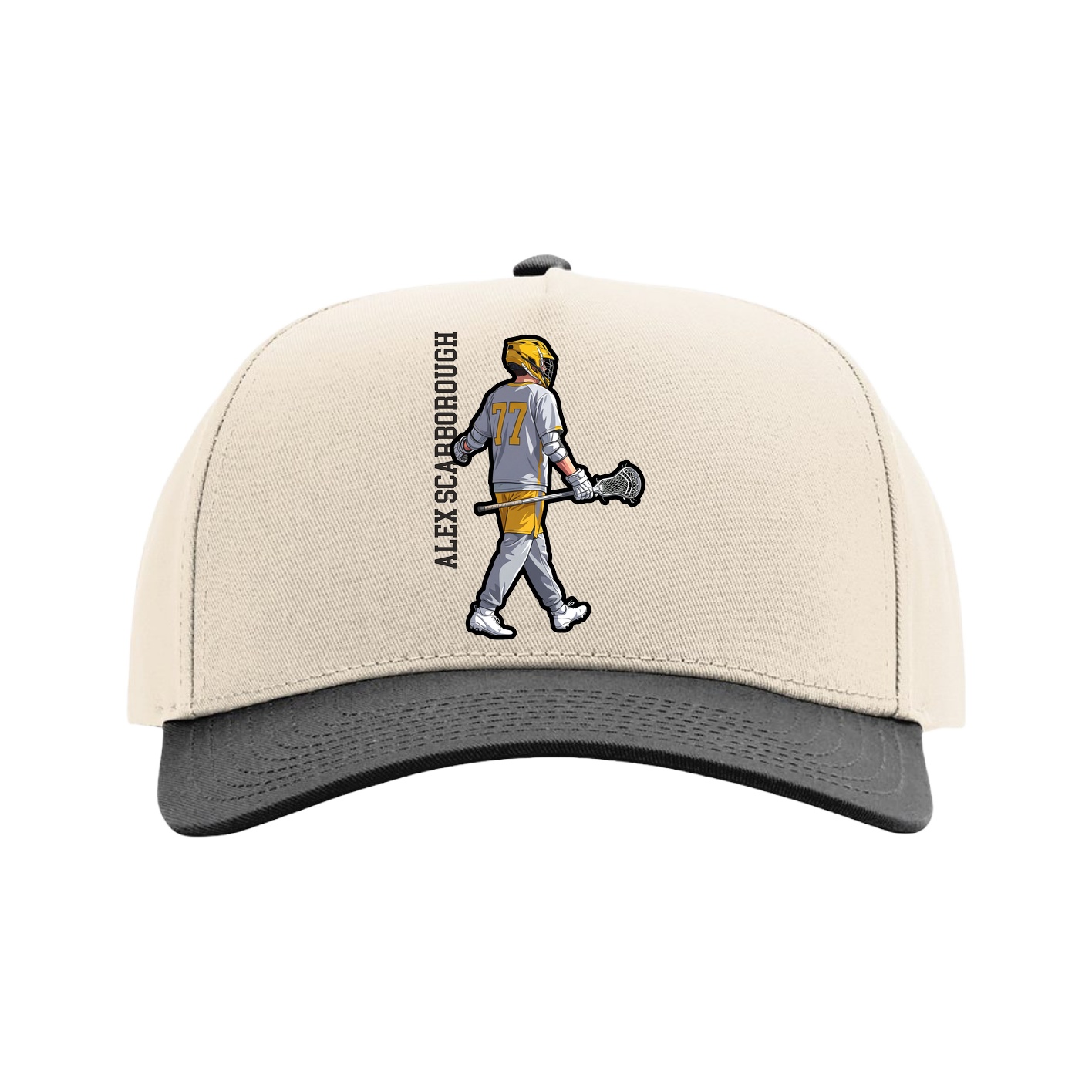 Full Fabric Five-Panel Champ Cap — Name Vertical in Cream/Black