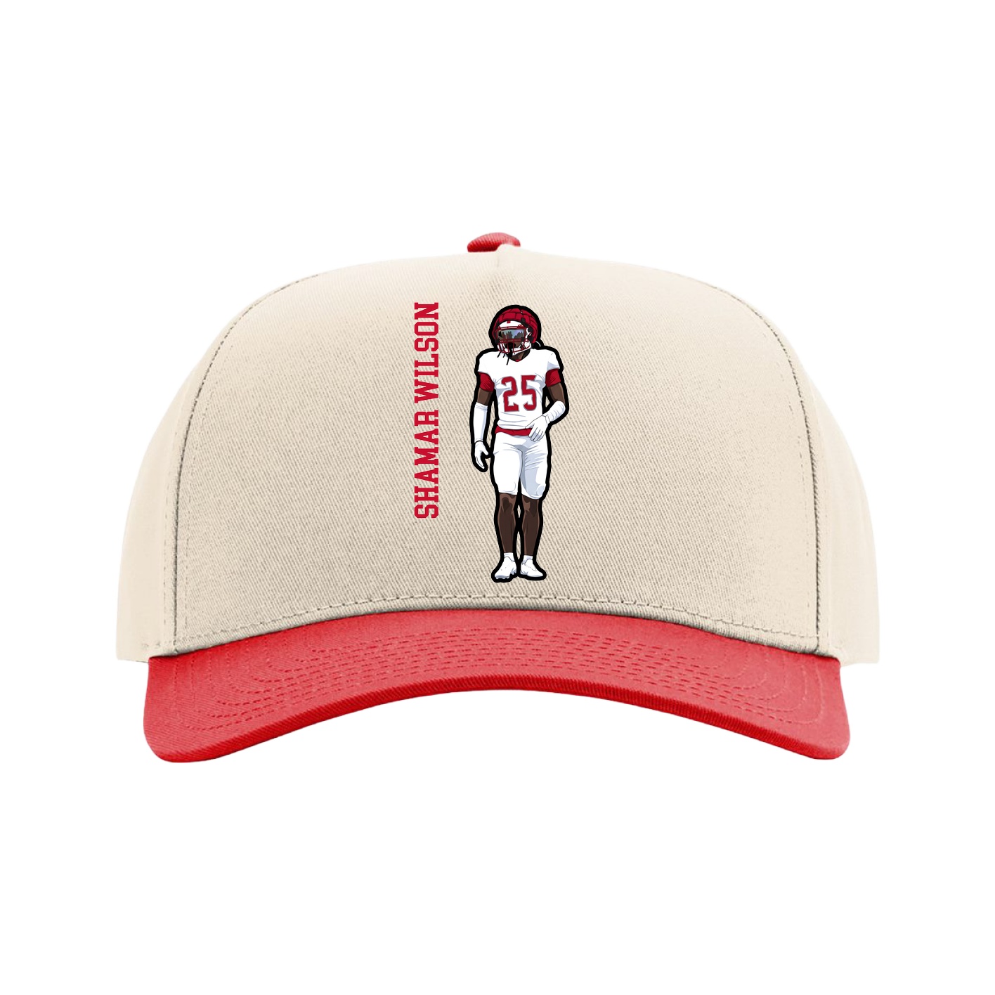 Full Fabric Five-Panel Champ Cap — Name Vertical in Cream/Red