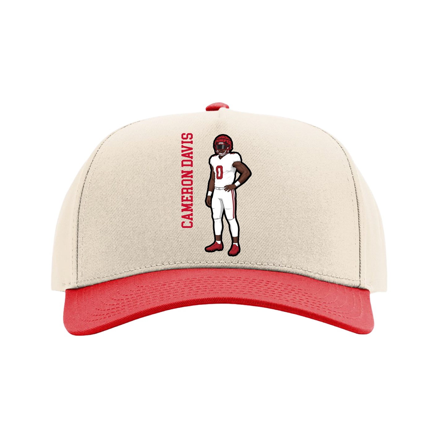 Full Fabric Five-Panel Champ Cap — Name Vertical in Cream/Red