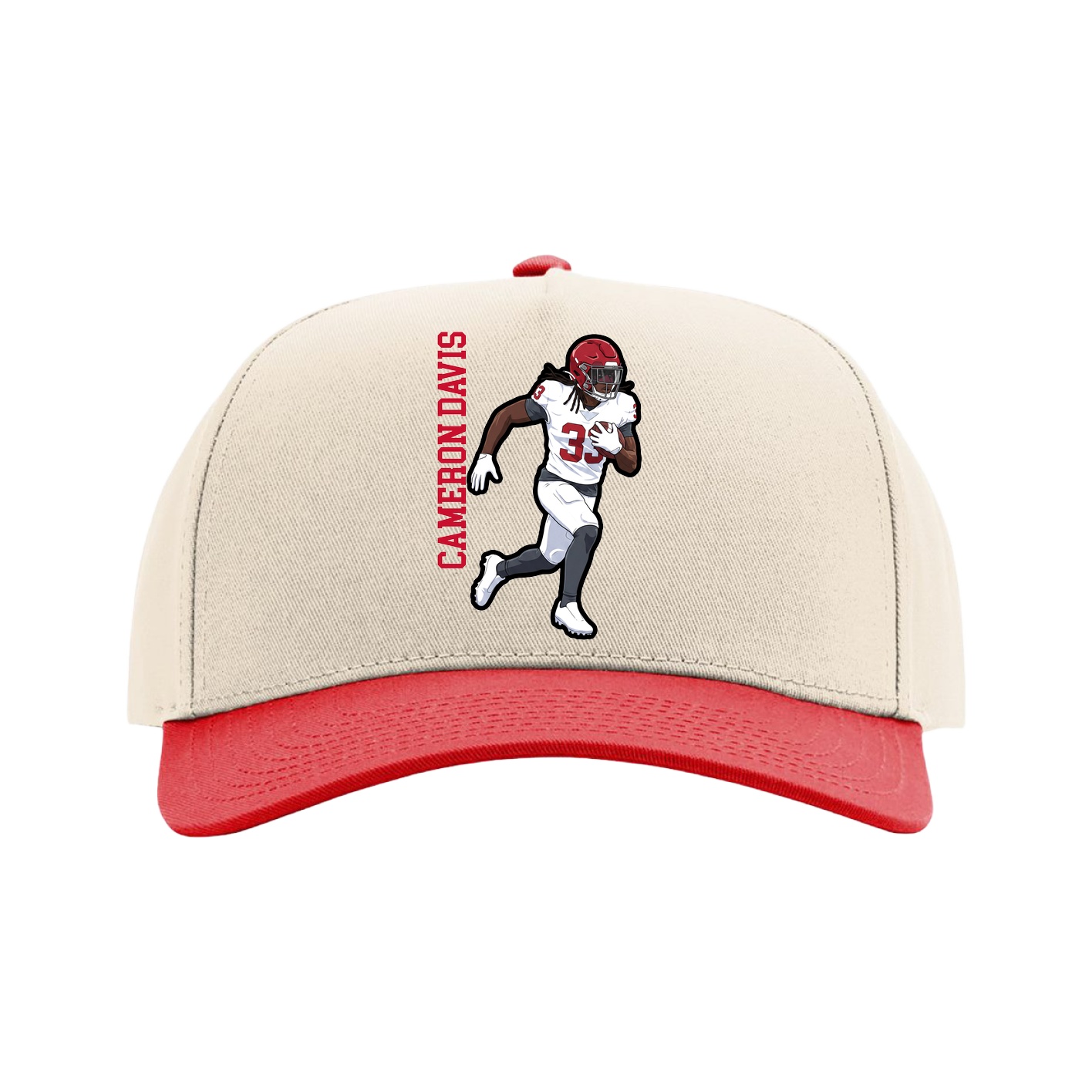 Full Fabric Five-Panel Champ Cap — Name Vertical in Cream/Red