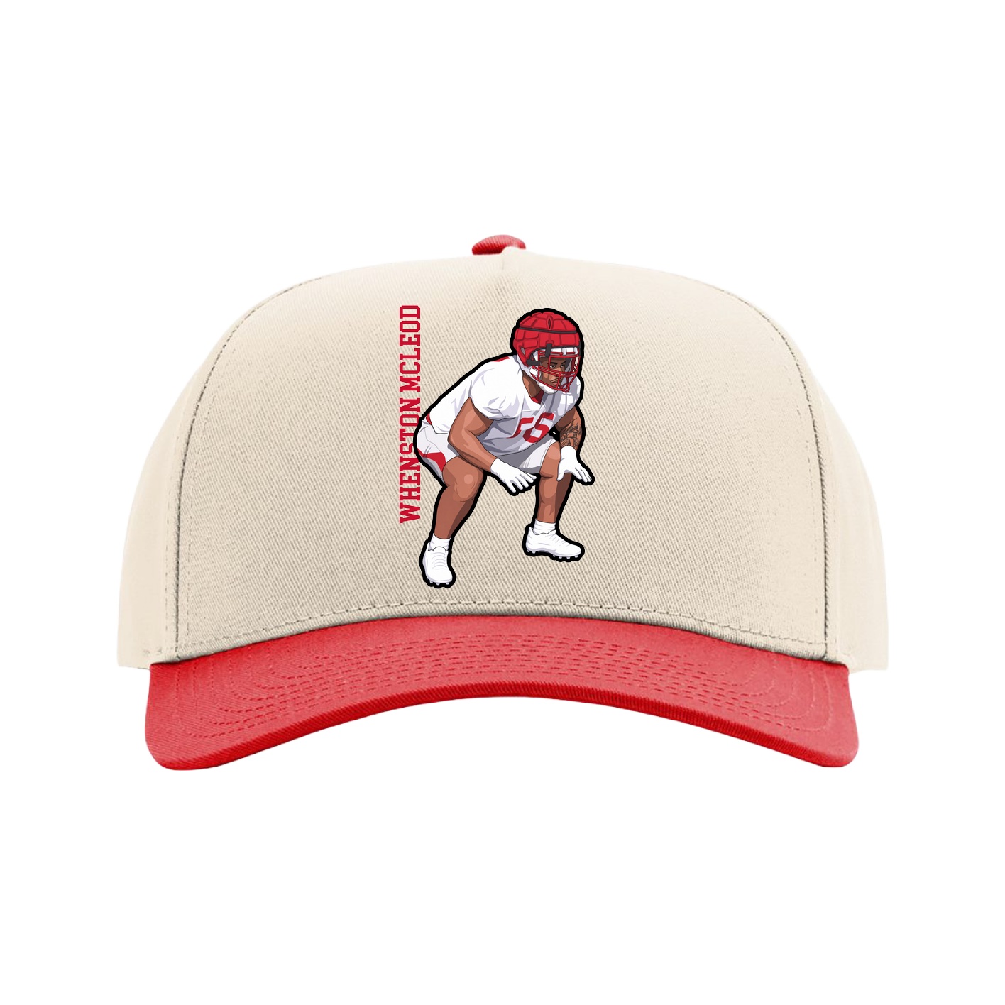 Full Fabric Five-Panel Champ Cap — Name Vertical in Cream/Red