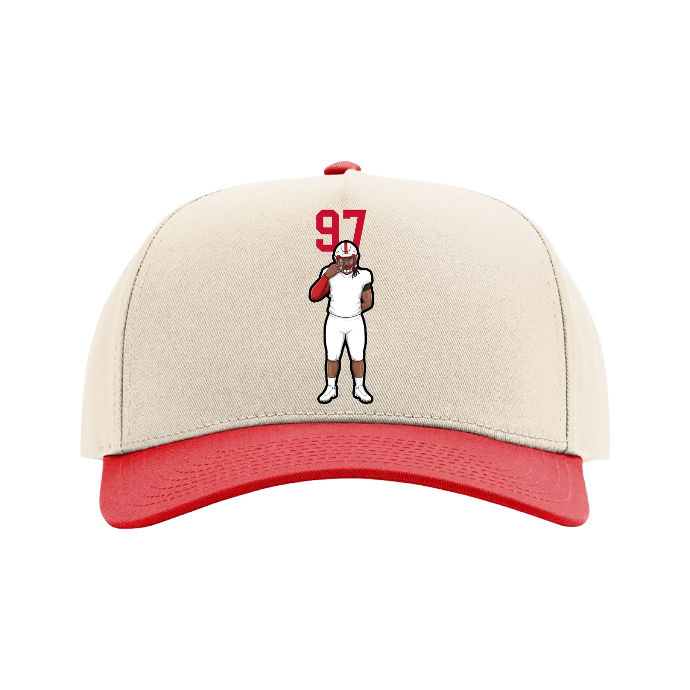 Full Fabric Five-Panel Champ Cap — Number Top in Cream/Red