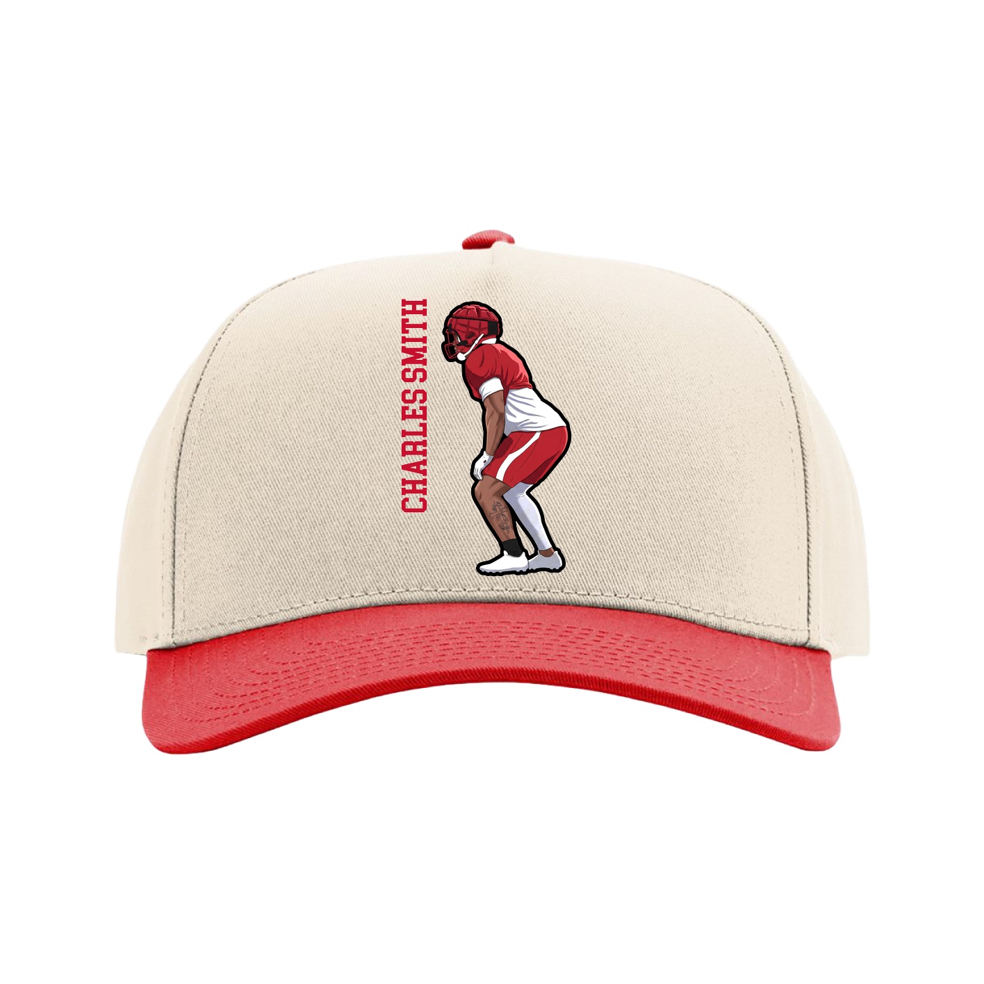 Full Fabric Five-Panel Champ Cap — Name Vertical in Cream/Red