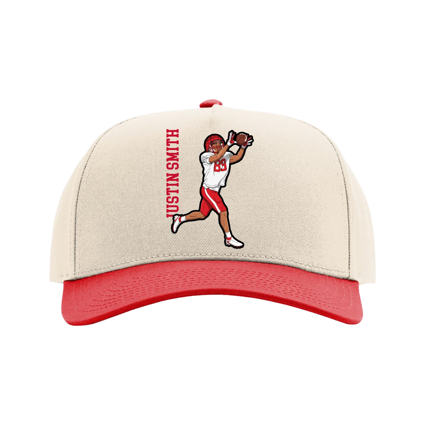 Full Fabric Five-Panel Champ Cap — Name Vertical in Cream/Red