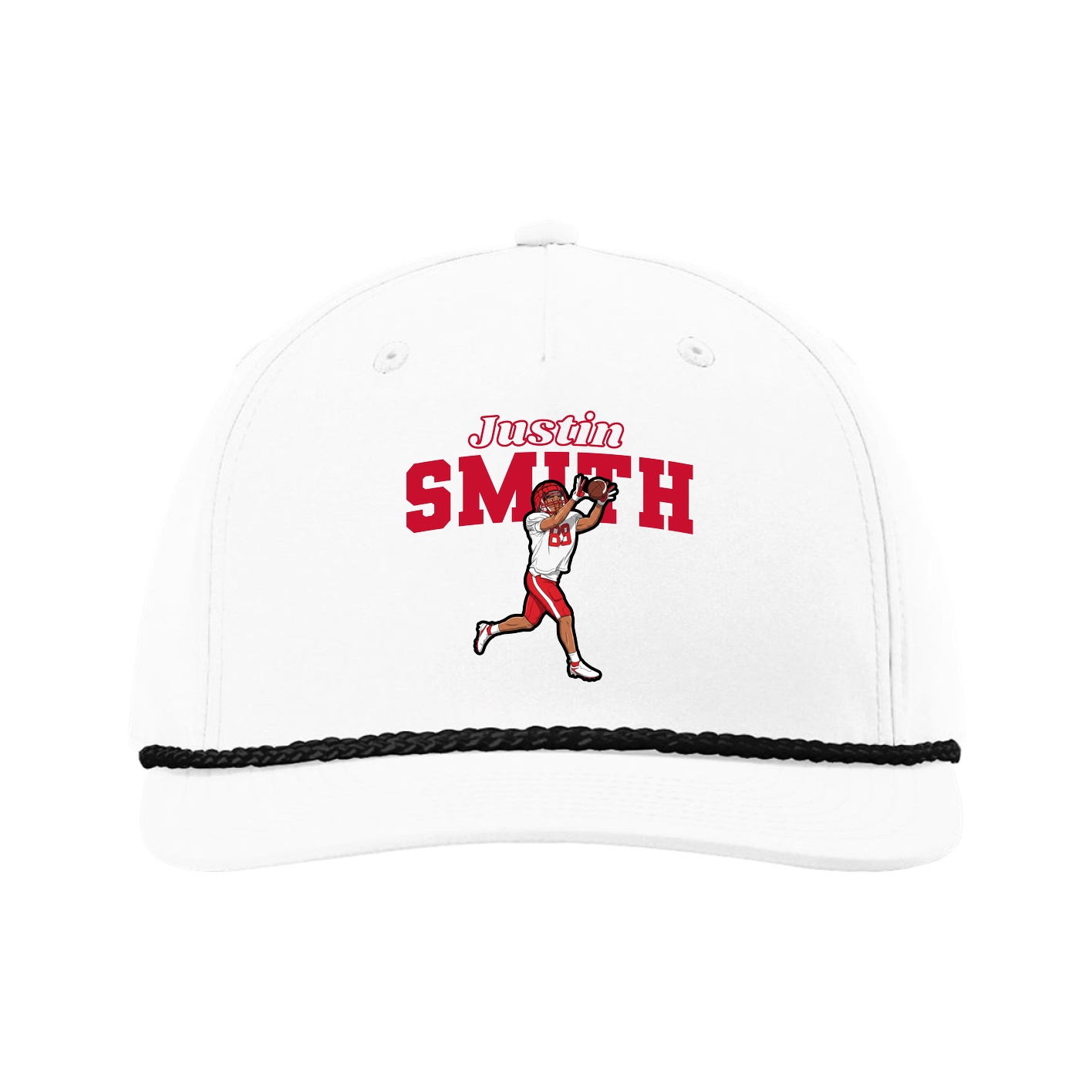 Five-Panel Classic Rope Cap — Name Arch in White
