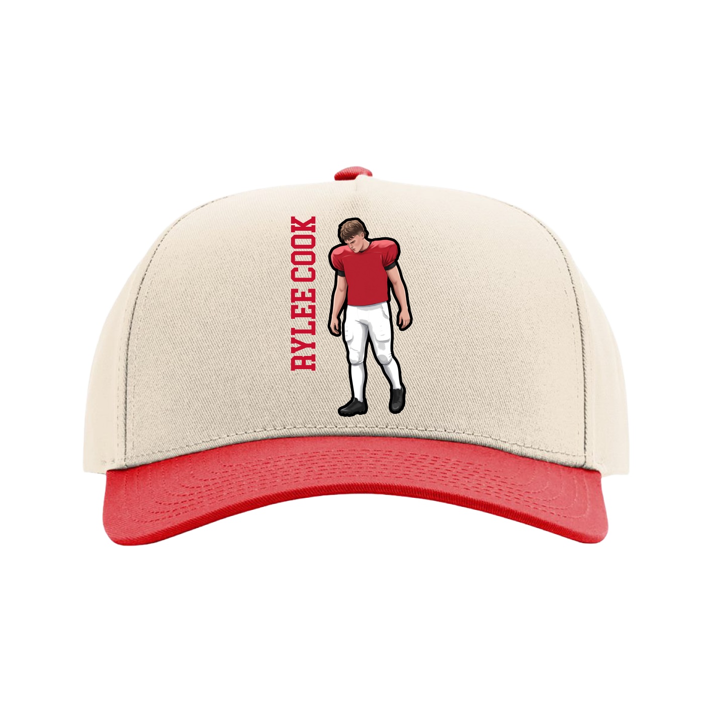 Full Fabric Five-Panel Champ Cap — Name Vertical in Cream/Red