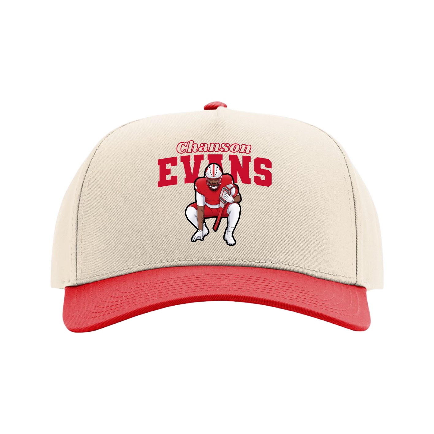Full Fabric Five-Panel Champ Cap — Name Arch in Cream/Red