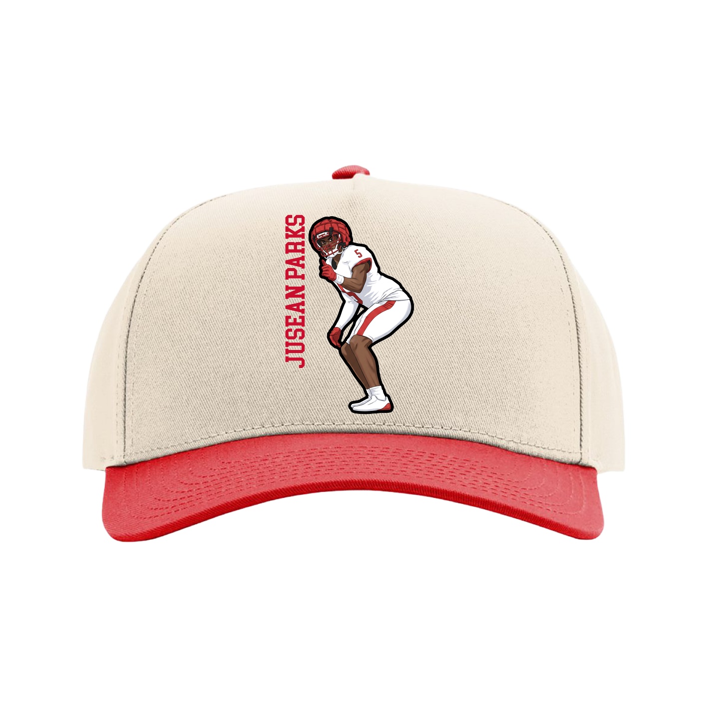 Full Fabric Five-Panel Champ Cap — Name Vertical in Cream/Red