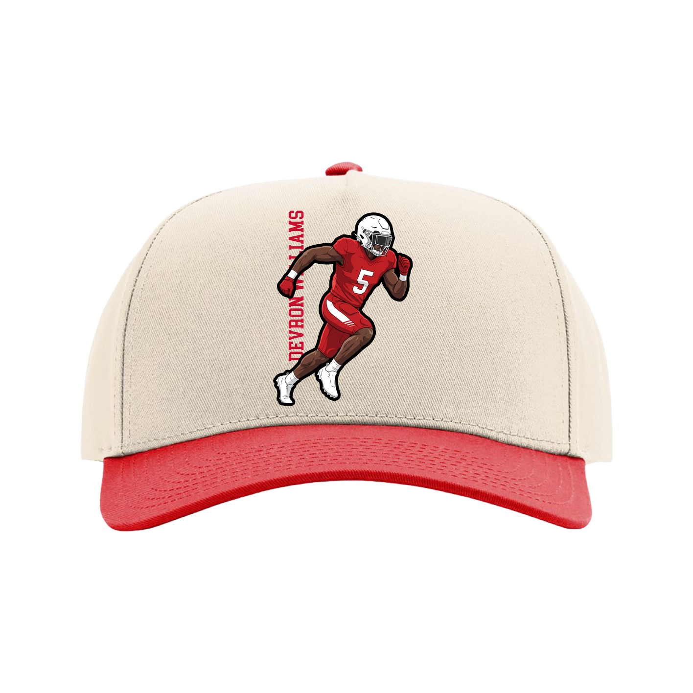 Full Fabric Five-Panel Champ Cap — Name Vertical in Cream/Red