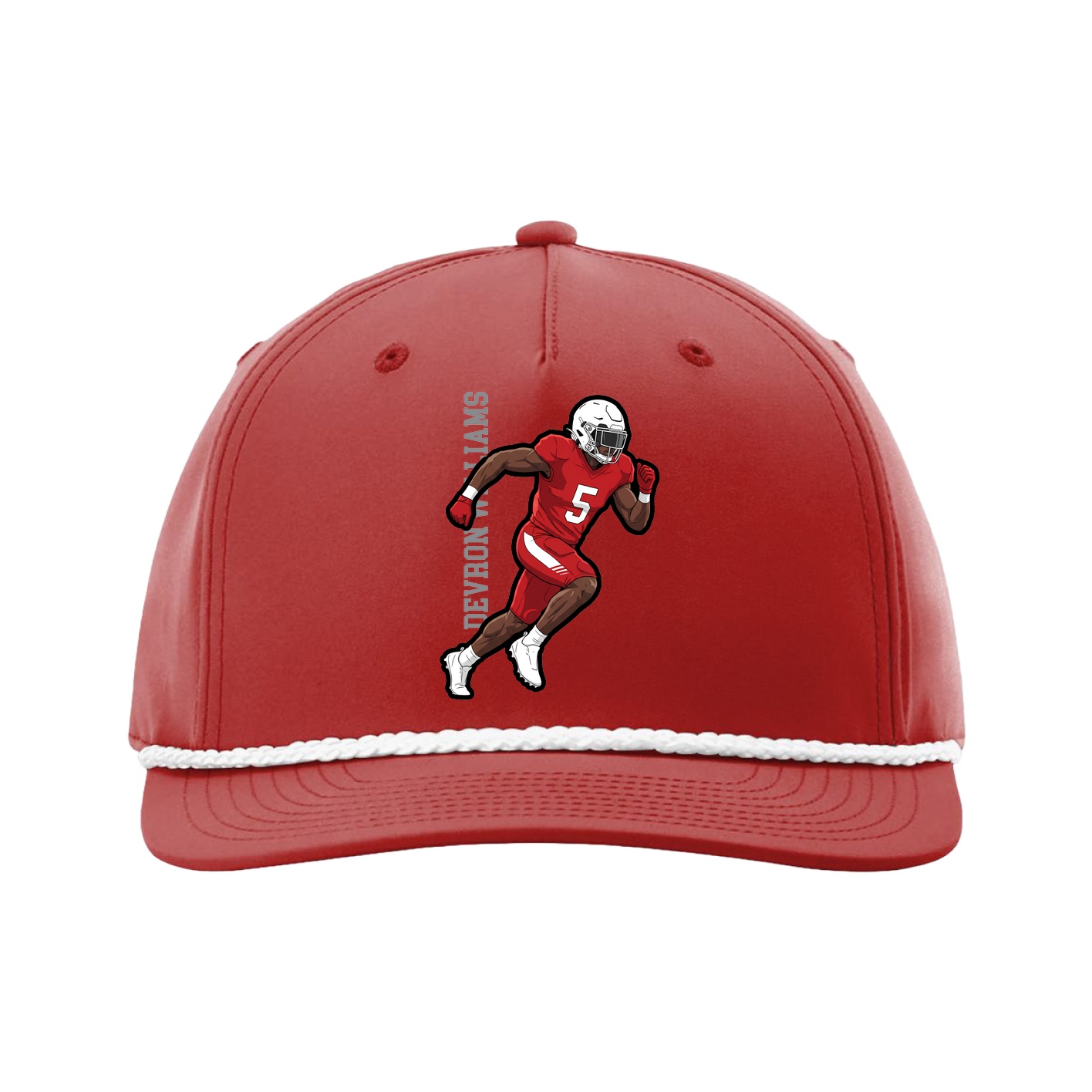 Five-Panel Classic Rope Cap — Name Vertical in Red