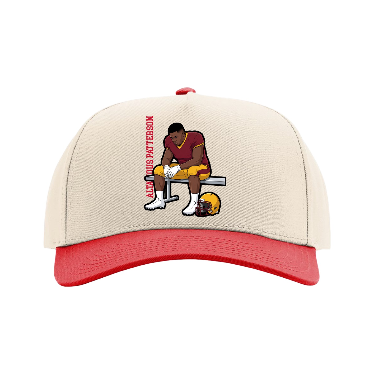 Full Fabric Five-Panel Champ Cap — Name Vertical in Cream/Red