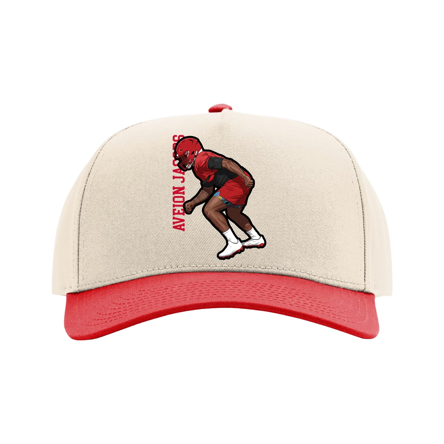 Full Fabric Five-Panel Champ Cap — Name Vertical in Cream/Red